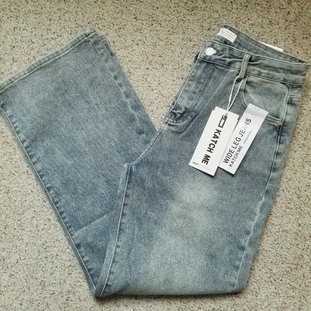 NEW Katch Wide Leg Jeans Stonewash High Rise Stretch 10